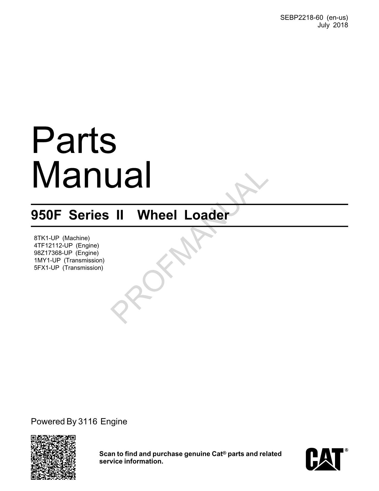 Caterpillar Cat 950F Series II Wheel Loader Parts Catalog Manual SEBP2218