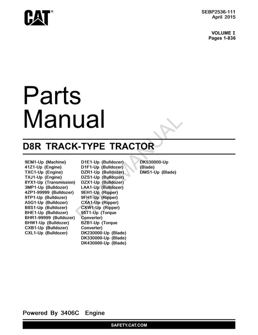 Catalogue de pièces détachées pour tracteur à chenilles Caterpillar Cat 1 D8R SEBP2536