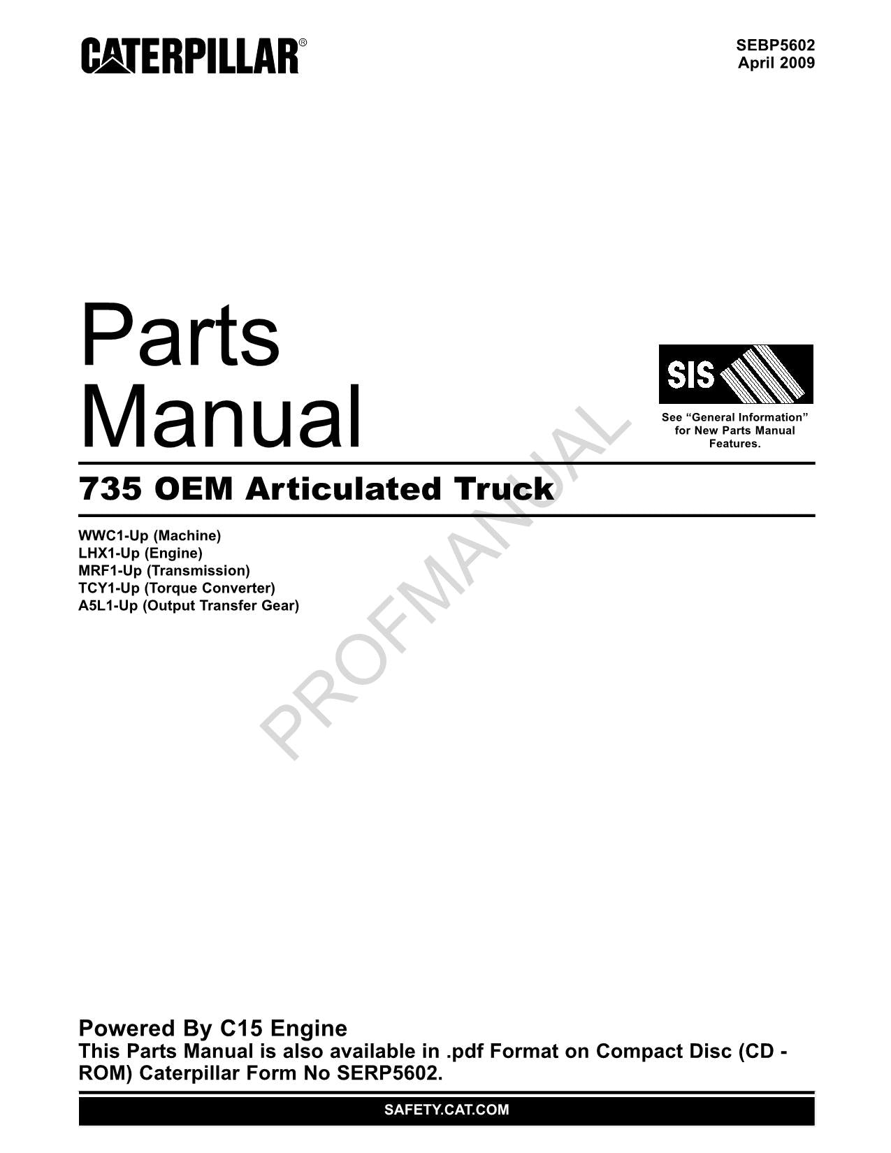 Caterpillar Cat 735 OEM Articulated Truck Parts Catalog Manual