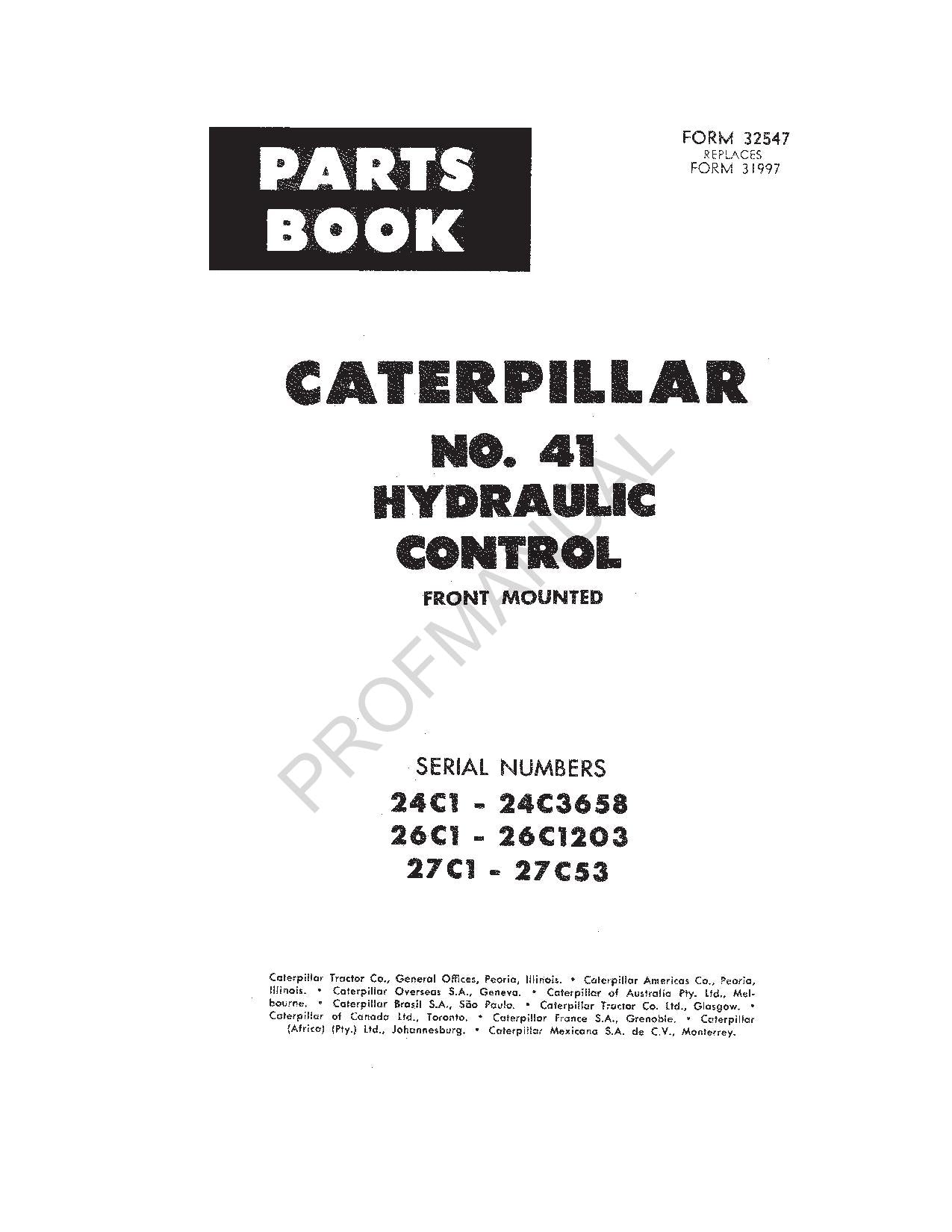 Caterpillar Cat No. 41 Hydraulic Control Parts Catalog Manual