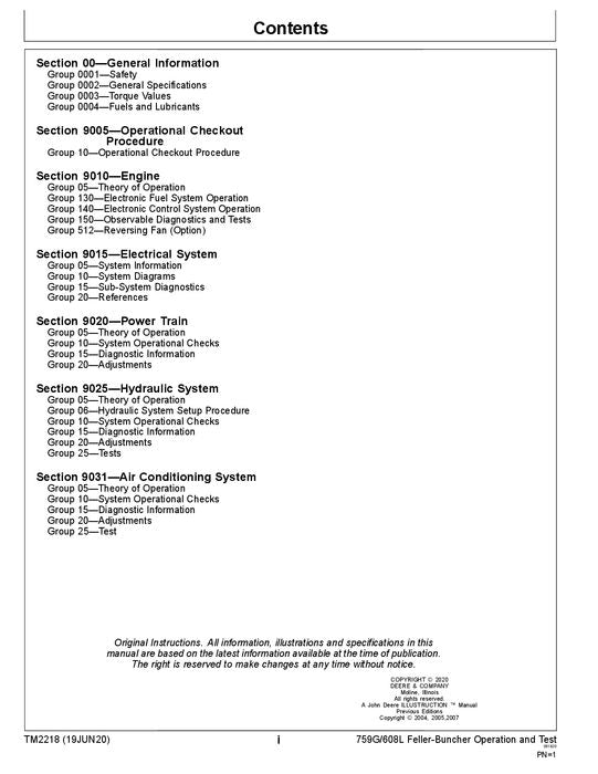 JOHN DEERE 759G TRACKED FELLER BUNCHER OPERATION TEST TECHNICAL MANUAL