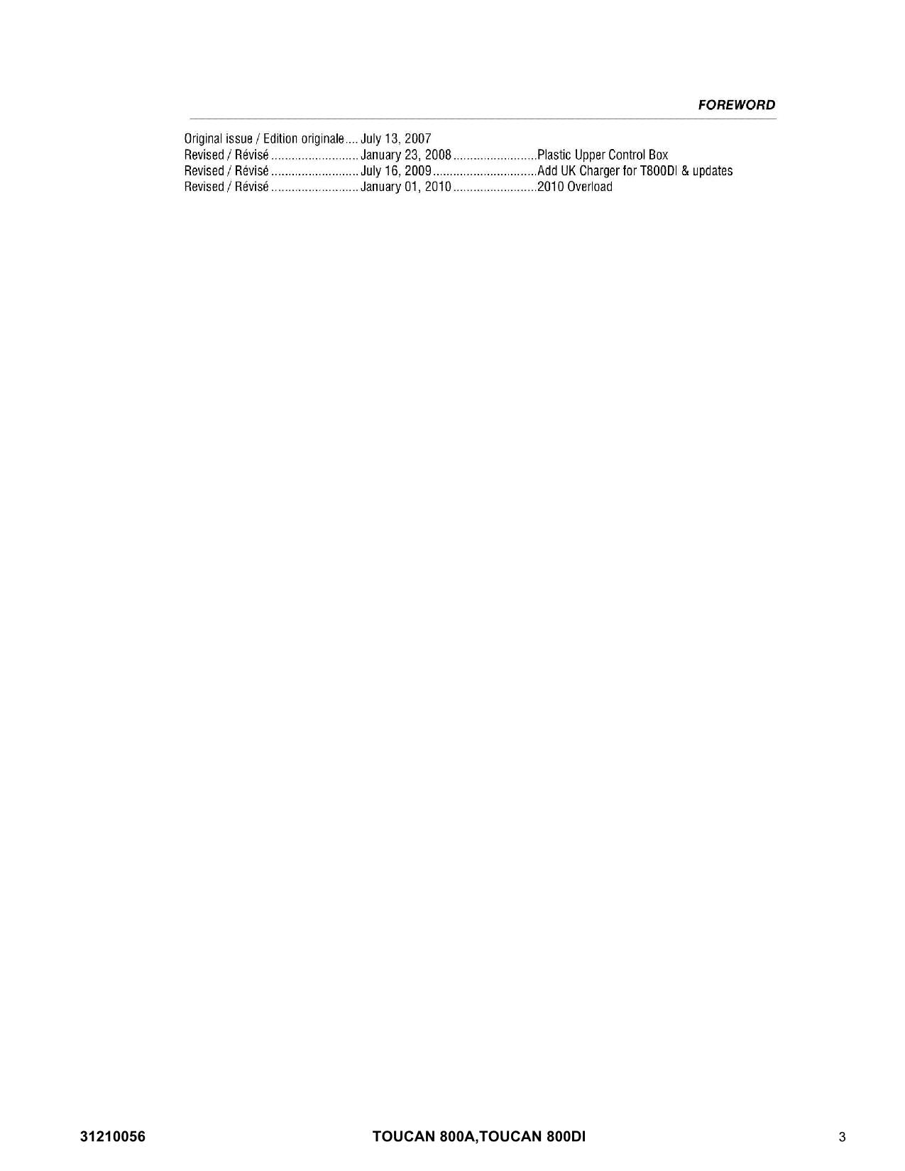 TOUCAN 800A 800Di Vertical Lift Parts Catalog Manual Multi language