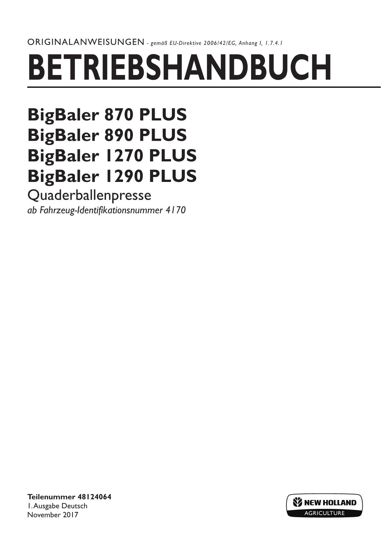 New Holland BigBaler 870 890 1270 1290 PLUS Quaderballenpresse Manuel d'instructions