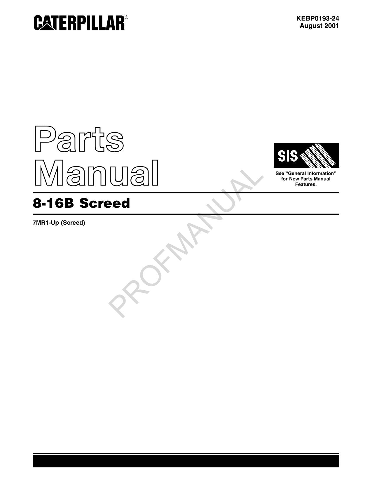 Caterpillar Cat 8 16B Screed Parts Catalog Manual 7MR1-UP