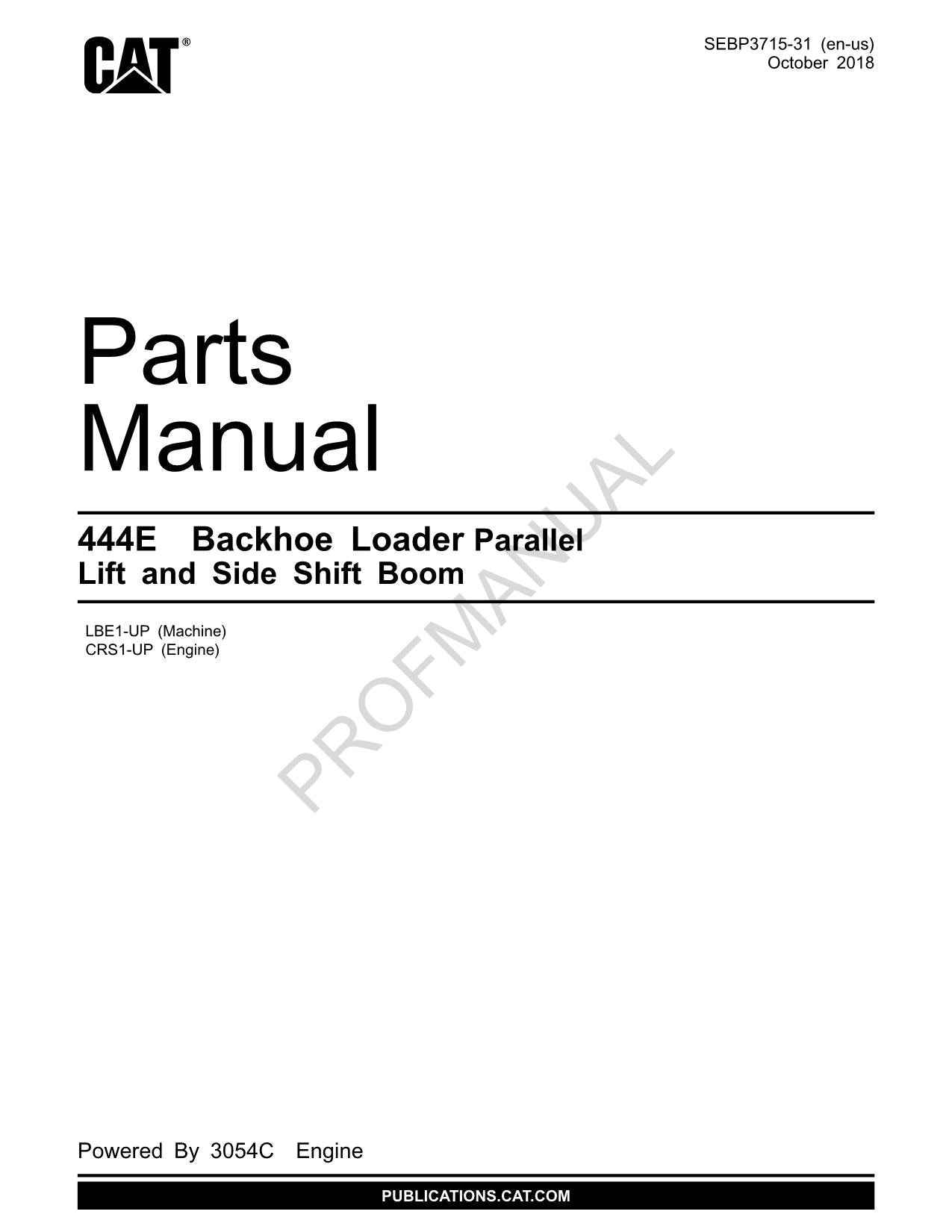 Caterpillar Cat 444E Backhoe Loader Side Shift Boom Parts Catalog Manual