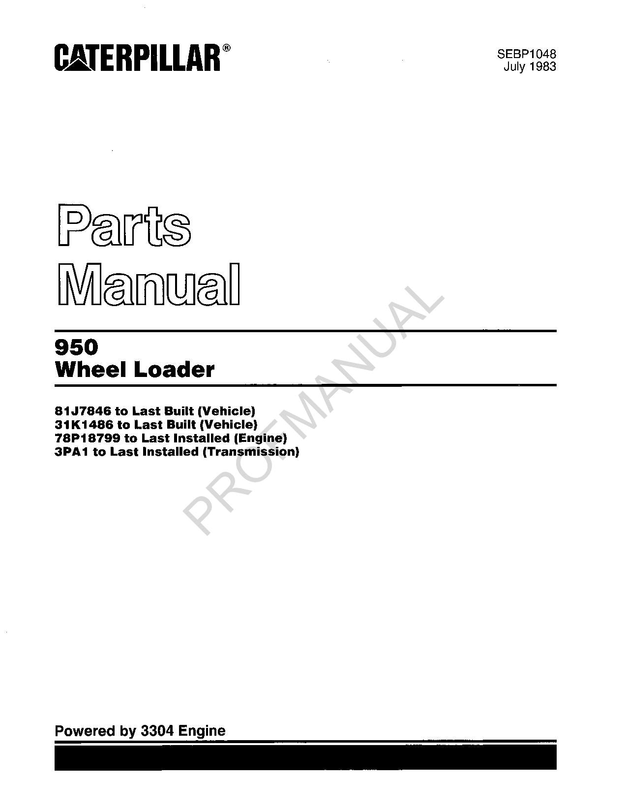 Caterpillar Cat 950 Wheel Loader Parts Catalog Manual SEBP1048