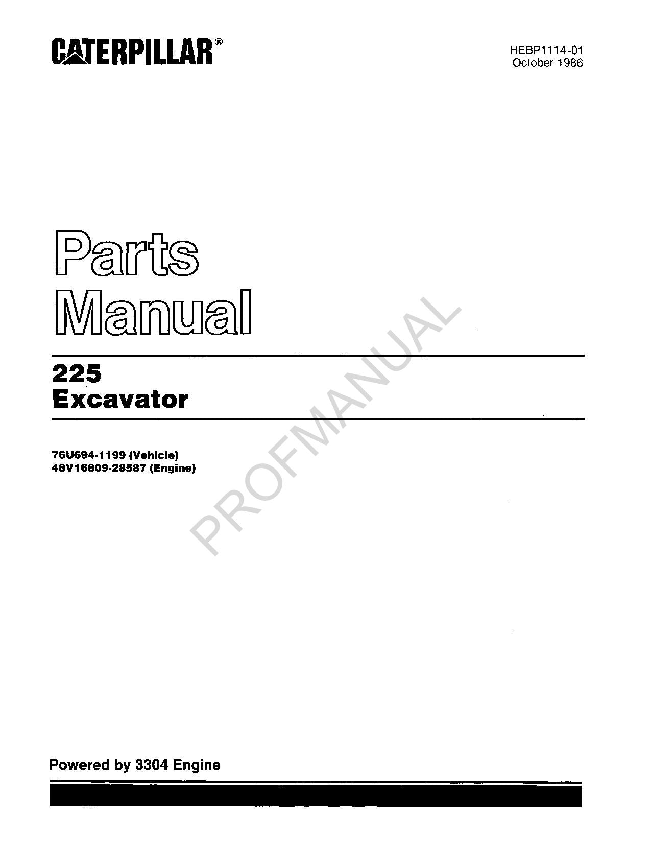 Ersatzteilkatalog für Bagger Caterpillar 225, Handbuch, Seriennummer 76U694-1199, 48V16809-28587