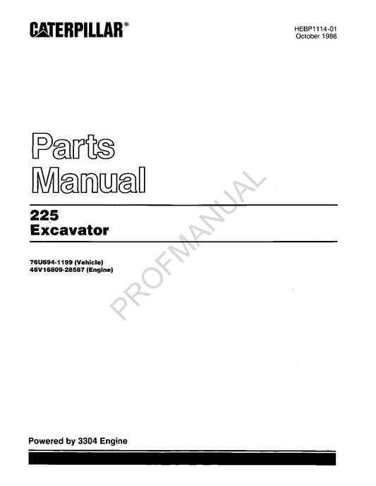 Ersatzteilkatalog für Bagger Caterpillar 225, Handbuch, Seriennummer 76U694-1199, 48V16809-28587