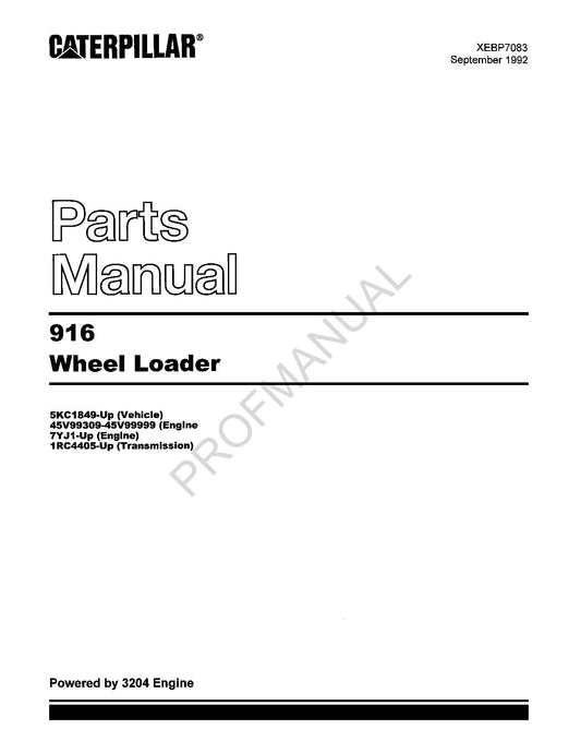 Caterpillar Cat 916 Wheel Loader Parts Catalog Manual XEBP7083