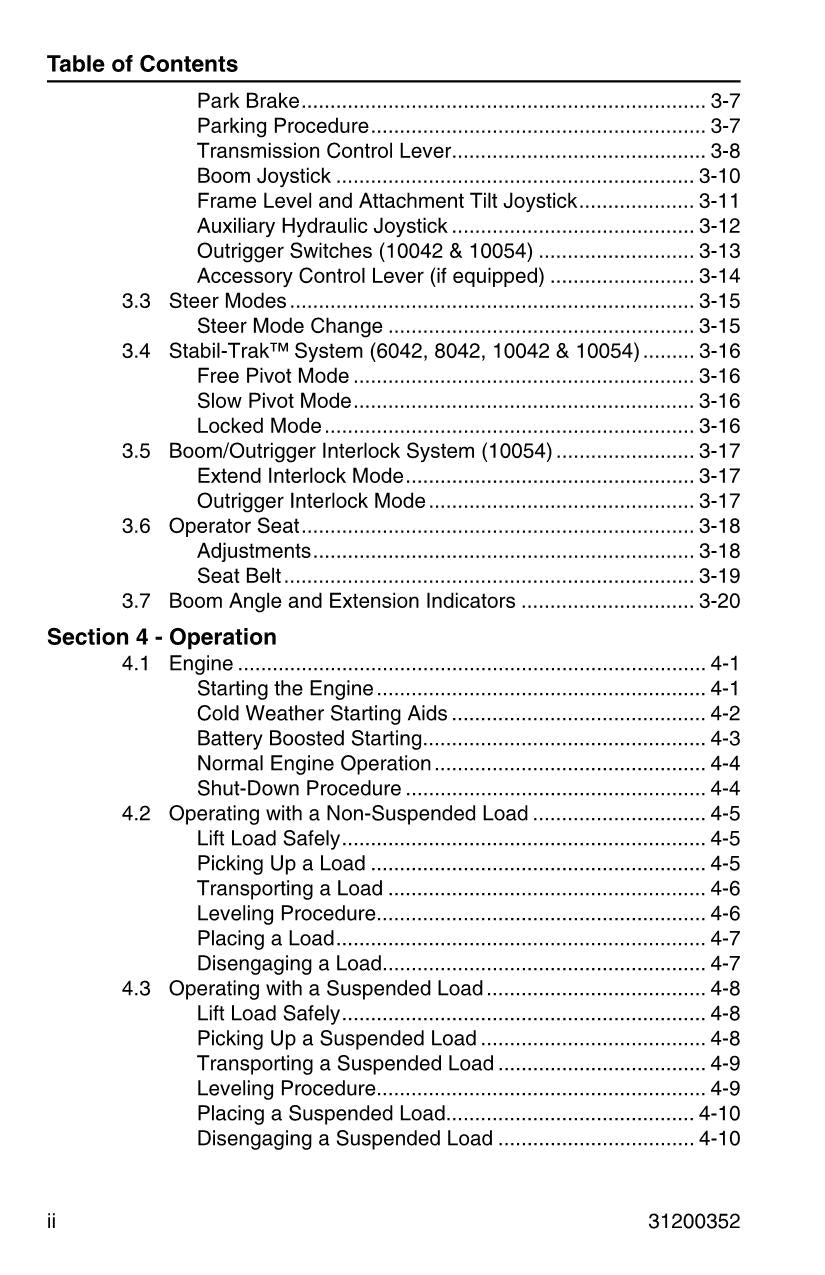 SKYTRAK 10042 10054 6036 6042 8042 Telehandler Operators Manual 31200352