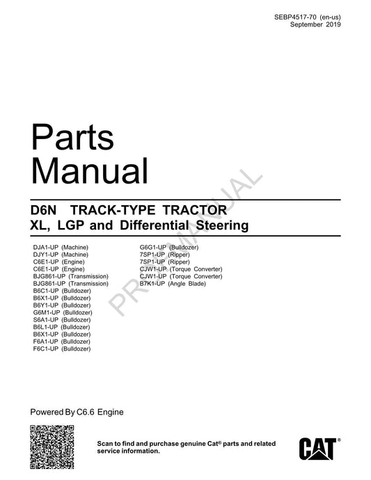 Catalogue de pièces détachées pour tracteur à chenilles Caterpillar Cat D6N XL LGP