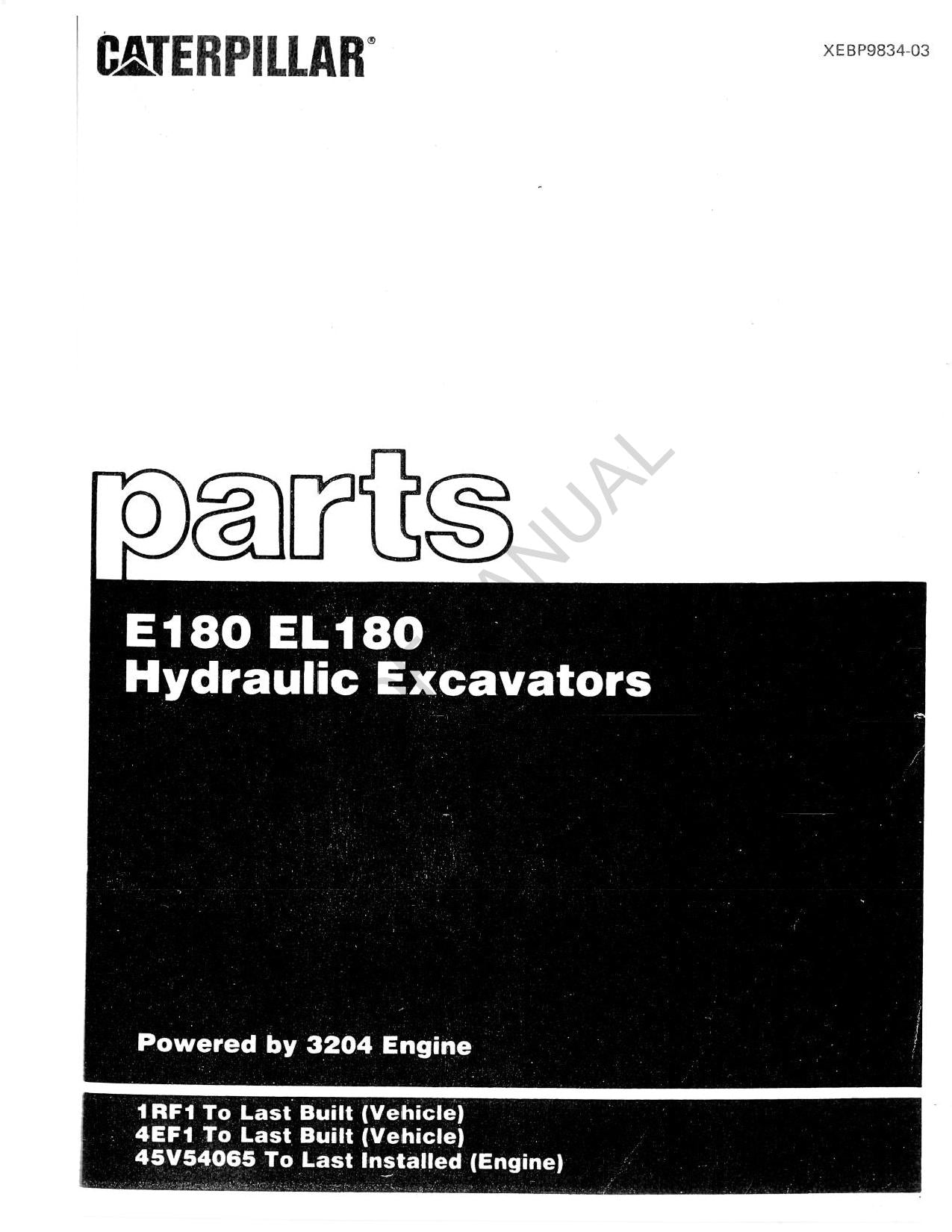 Caterpillar Cat E180 EL180 Hydraulic Excavator Parts Catalog Manual