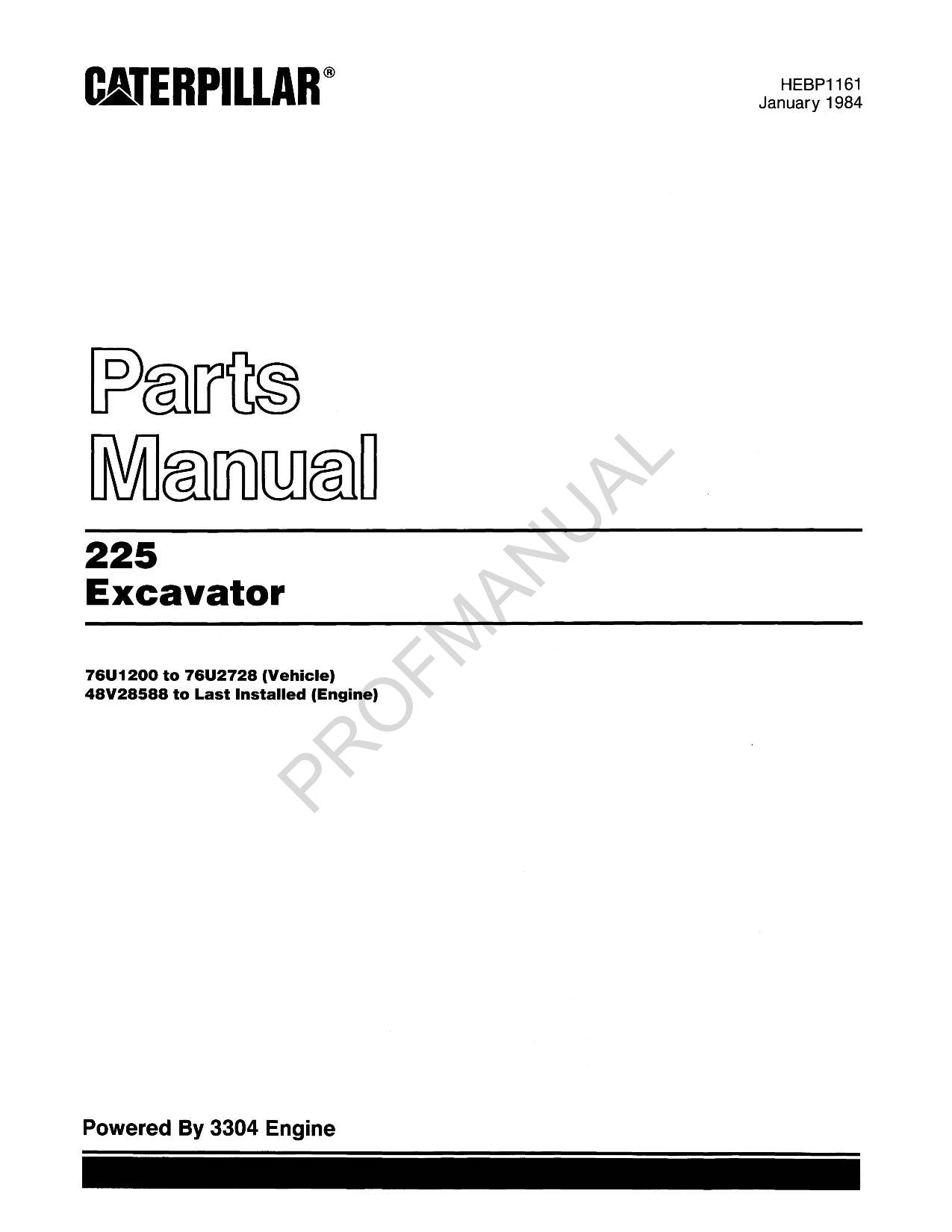 Caterpillar 225 Excavator Parts Catalog Manual ser 76U1200-76U2728 48V28588-Up