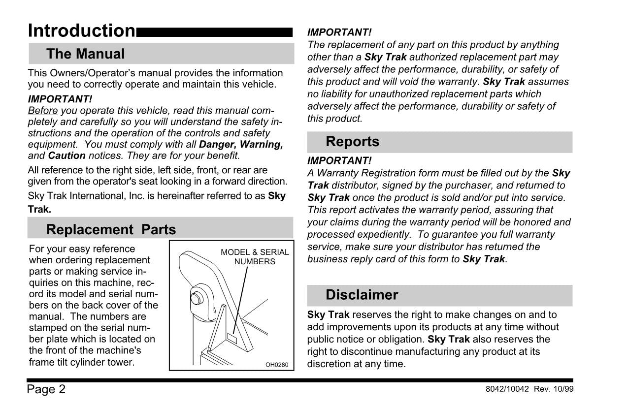 SKYTRAK 10042 8042 Telehandler Maintenance Operation Operators Manual