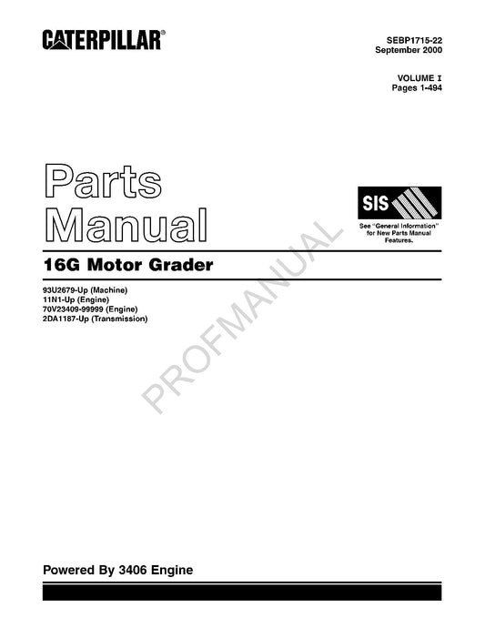 Caterpillar Cat 16G Motor Grader Parts Catalog Manual SEBP1715