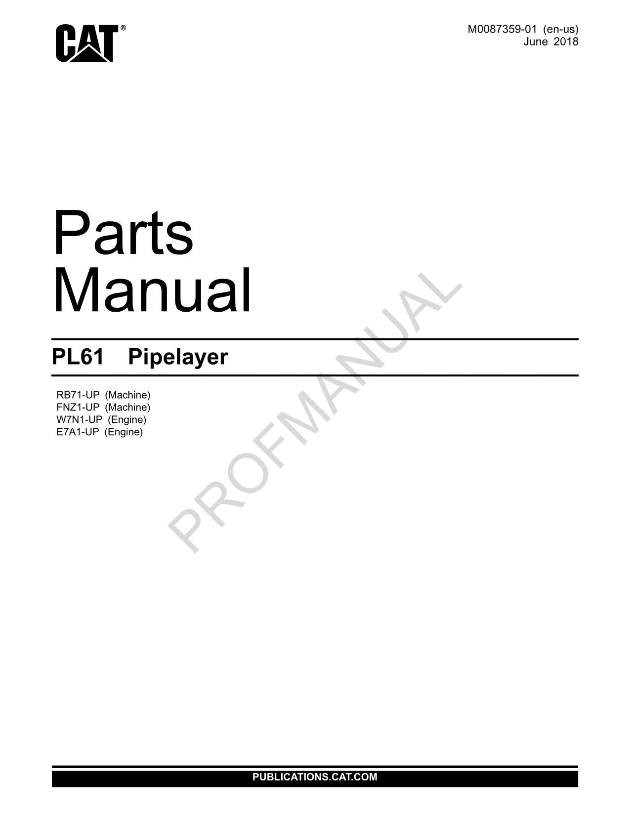 Caterpillar PL61 Pipelayer Parts Catalog Manual M0087359EN US