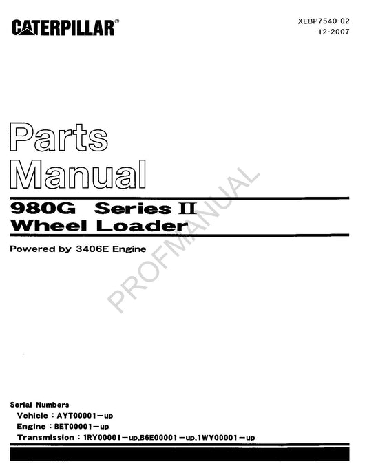 Caterpillar Cat 980G Series II Wheel Loader Parts Catalog Manual XEBP7540