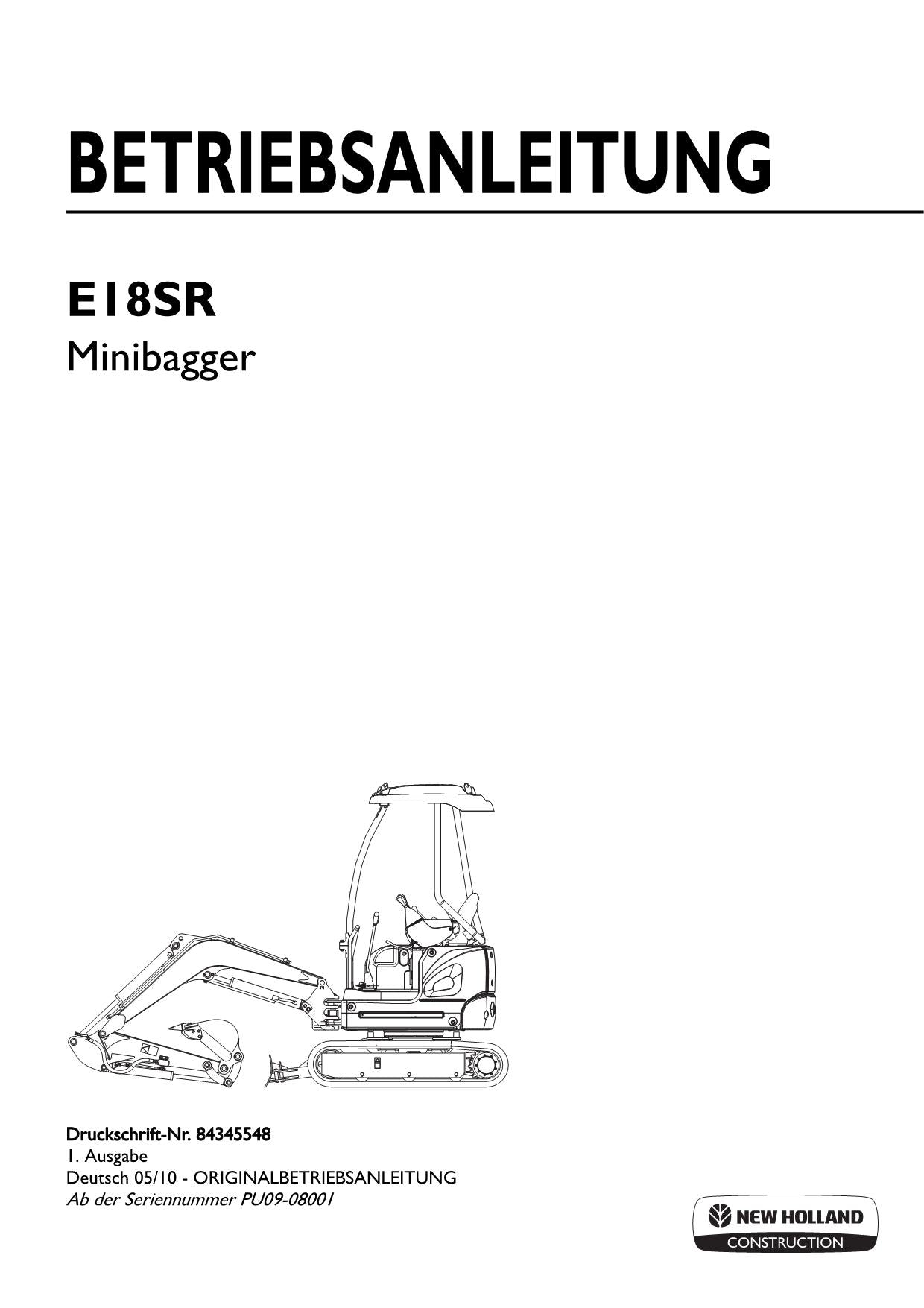 New Holland E18SR Bagger Manuel d'instructions