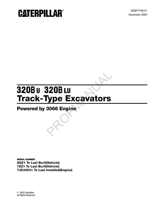 Caterpillar 320B U 320B LU Track Type Excavator Parts Catalog Manual XEBP7768