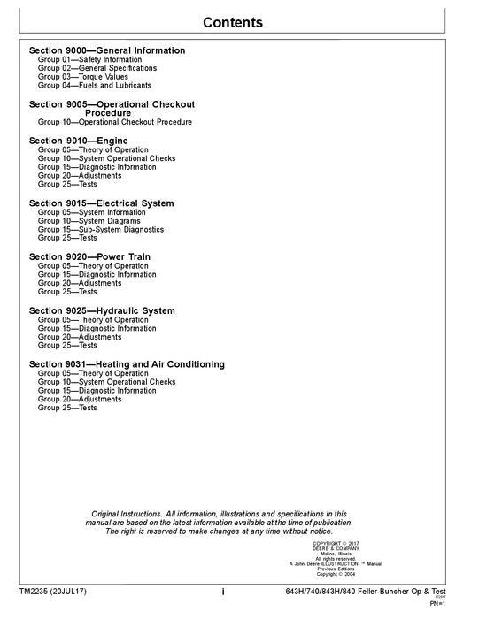 JOHN DEERE 643H 843H 740 840 FELLER BUNCHER OPERATION TEST TECHNICAL MANUAL