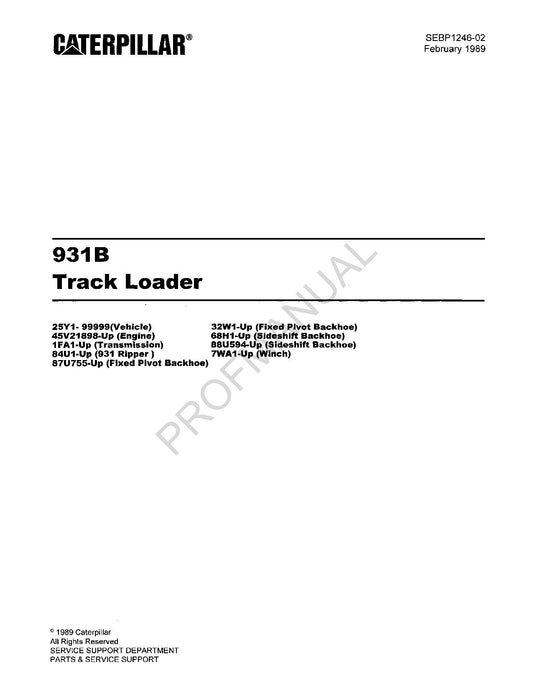 Caterpillar Cat 931B Track Loader Parts Catalog Manual SEBP1246