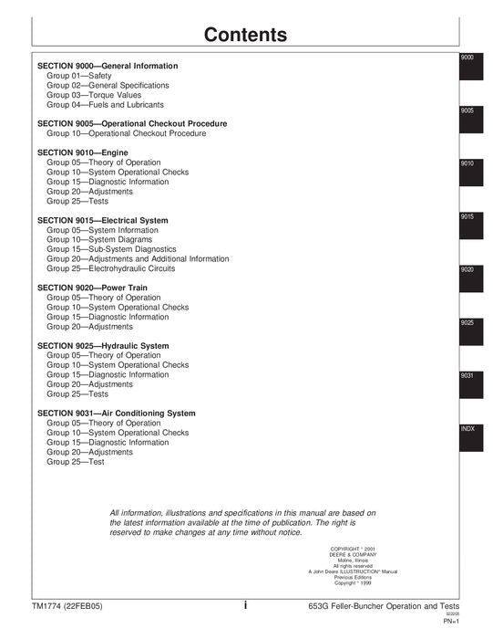 JOHN DEERE 653G TRACKED FELLER BUNCHER OPERATION TEST TECHNICAL MANUAL TM1774