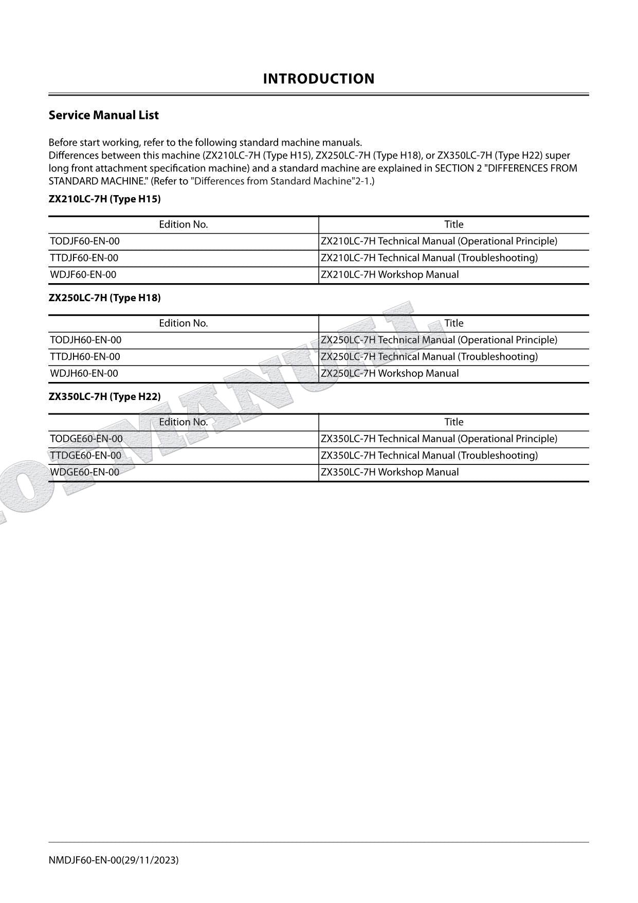 HITACHI ZX210LC-7H ZX250LC-7H ZX350LC-7H Excavator Service Manual