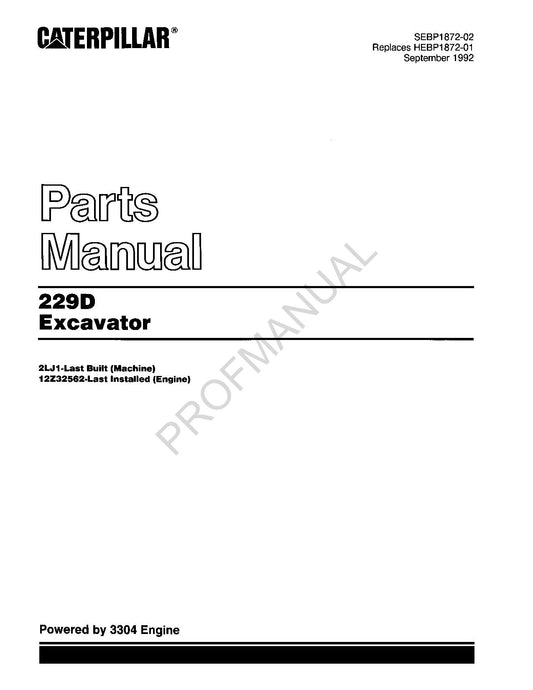 Caterpillar Cat 229D Excavator Parts Catalog Manual