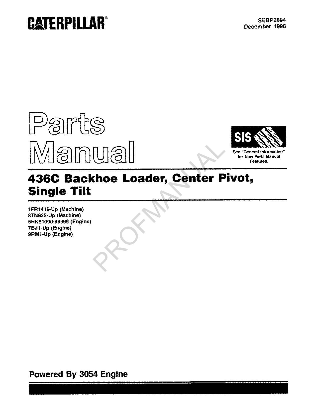 Caterpillar Cat 436C Backhoe Loader Center Pivot Parts Catalog Manual SEBP2894