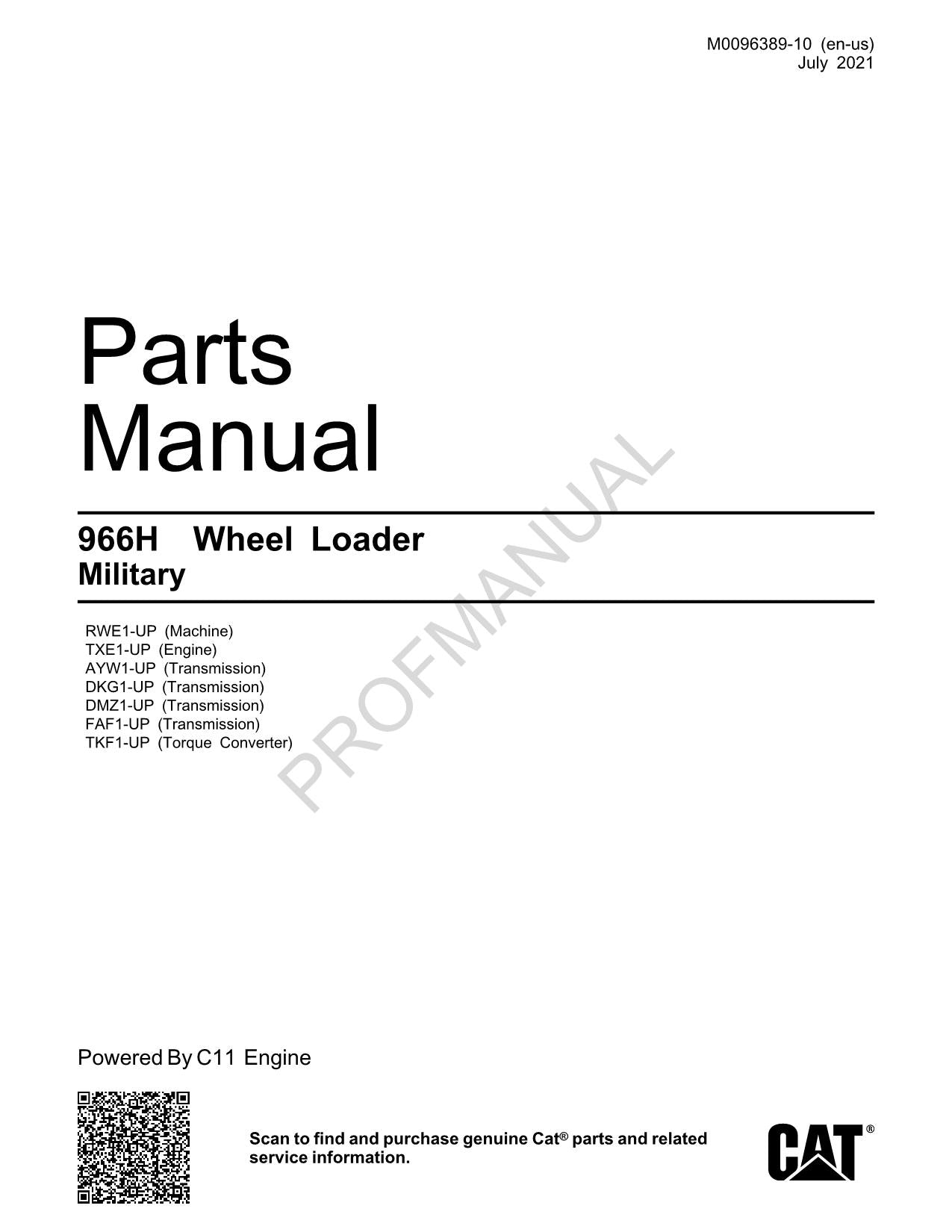 Caterpillar Cat 966H Wheel Loader Military Parts Catalog Manual M0096389