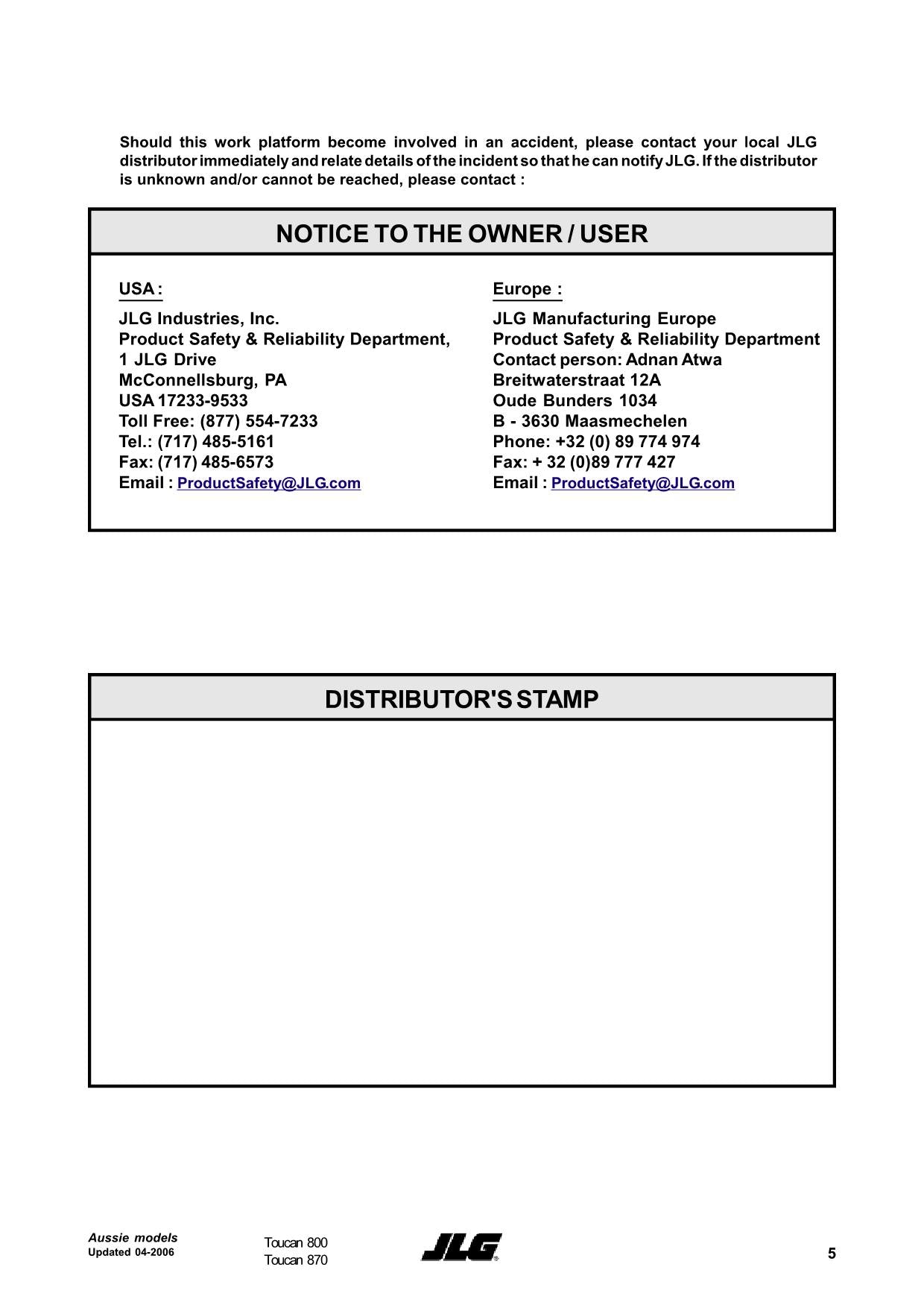 TOUCAN 800 Vertical Lift Maintenance Operation Operators Manual