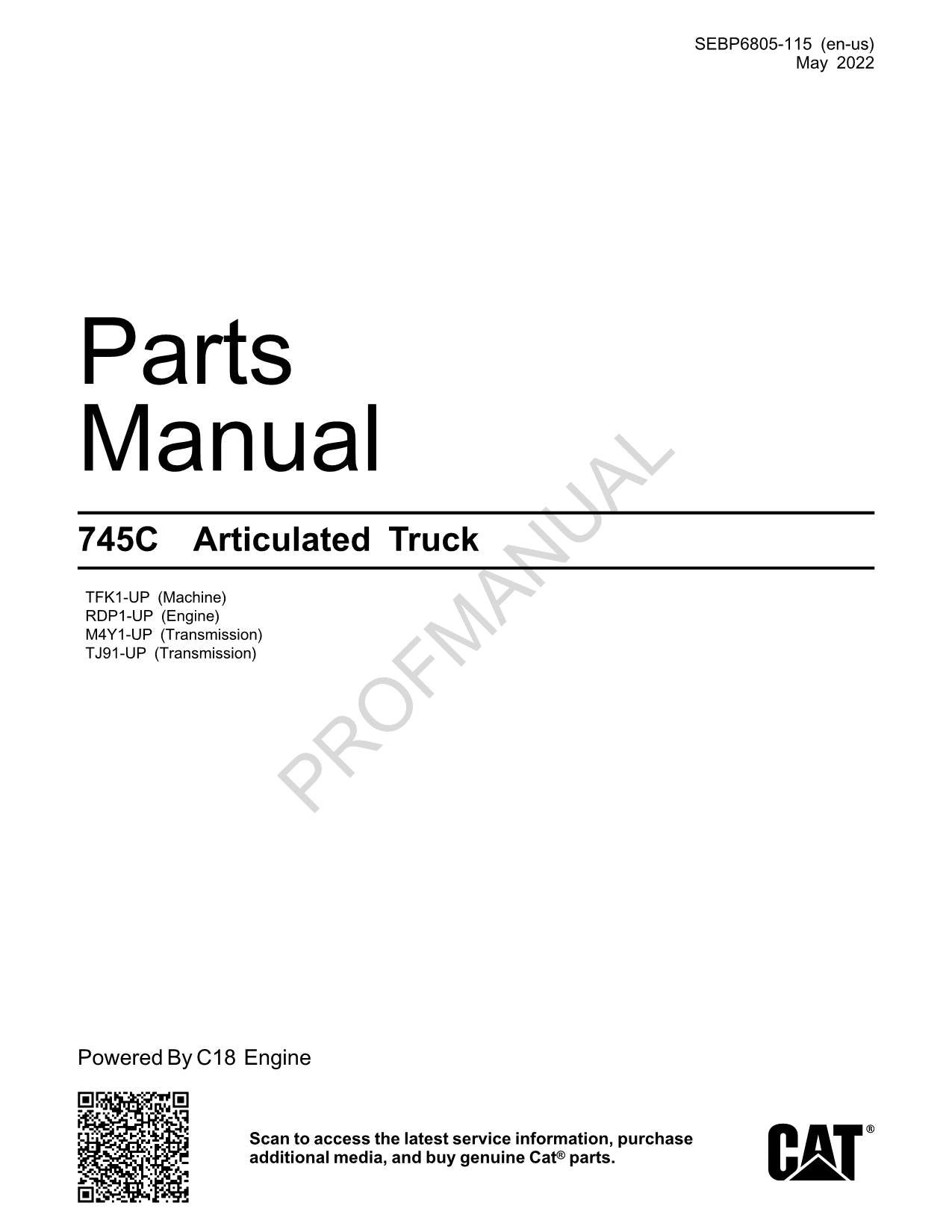 Caterpillar Cat 745C Articulated Truck Parts Catalog Manual