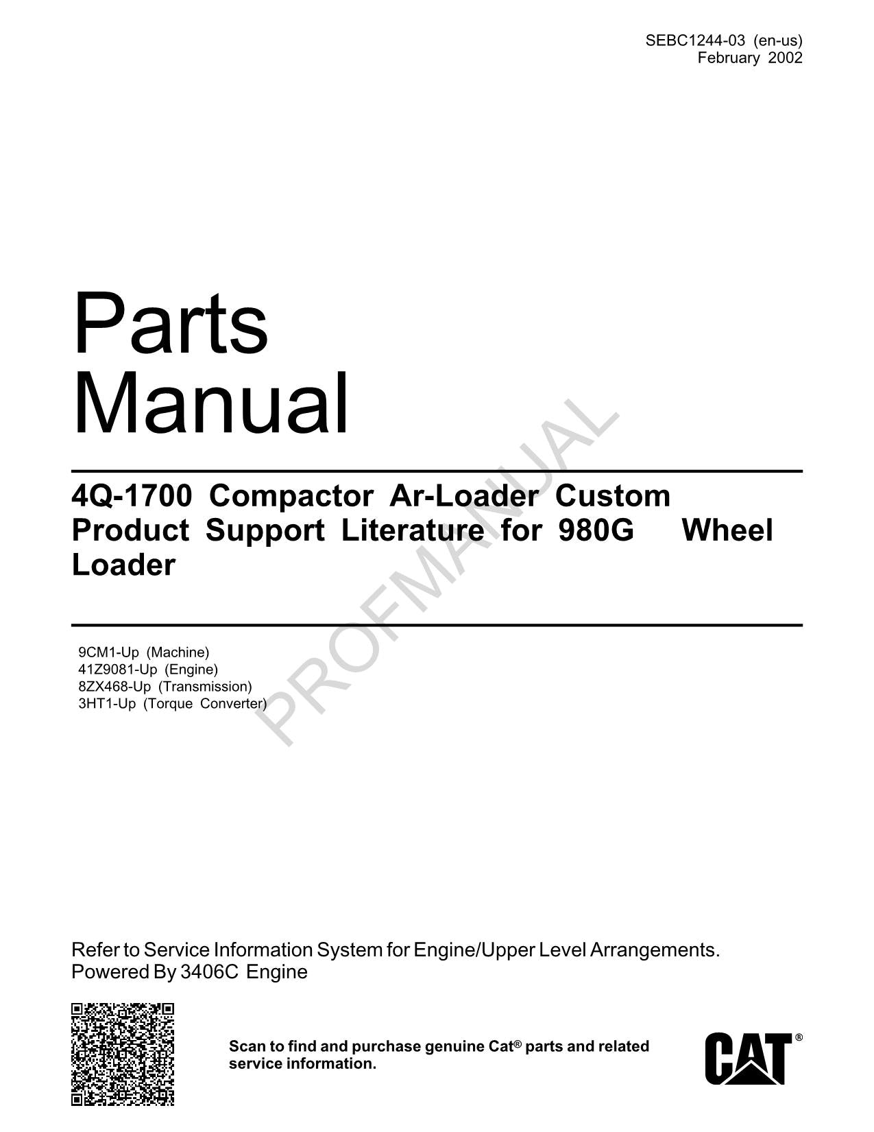 Caterpillar Compactor Ar Loader 980G Wheel Loader Parts Catalog Manual SEBC1244