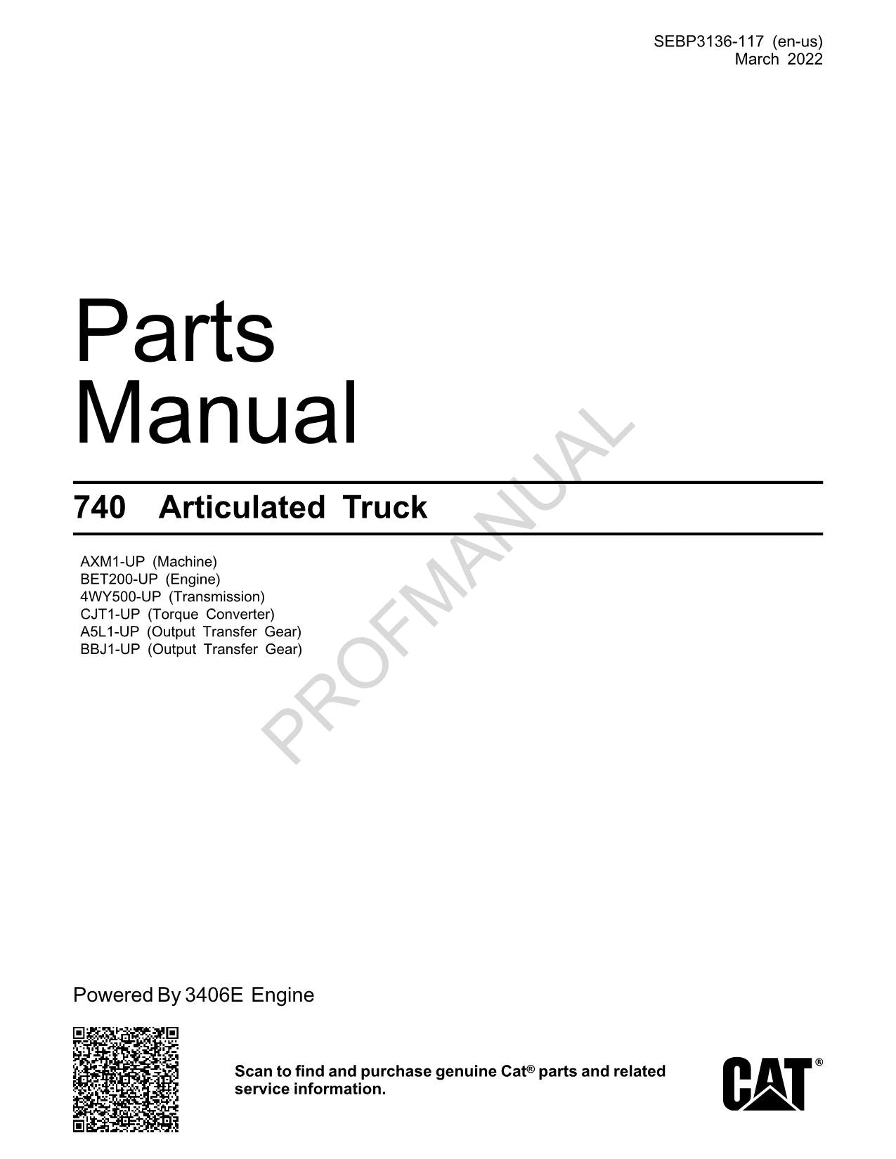 Caterpillar Cat 740 Articulated Truck Parts Catalog Manual SEBP3136