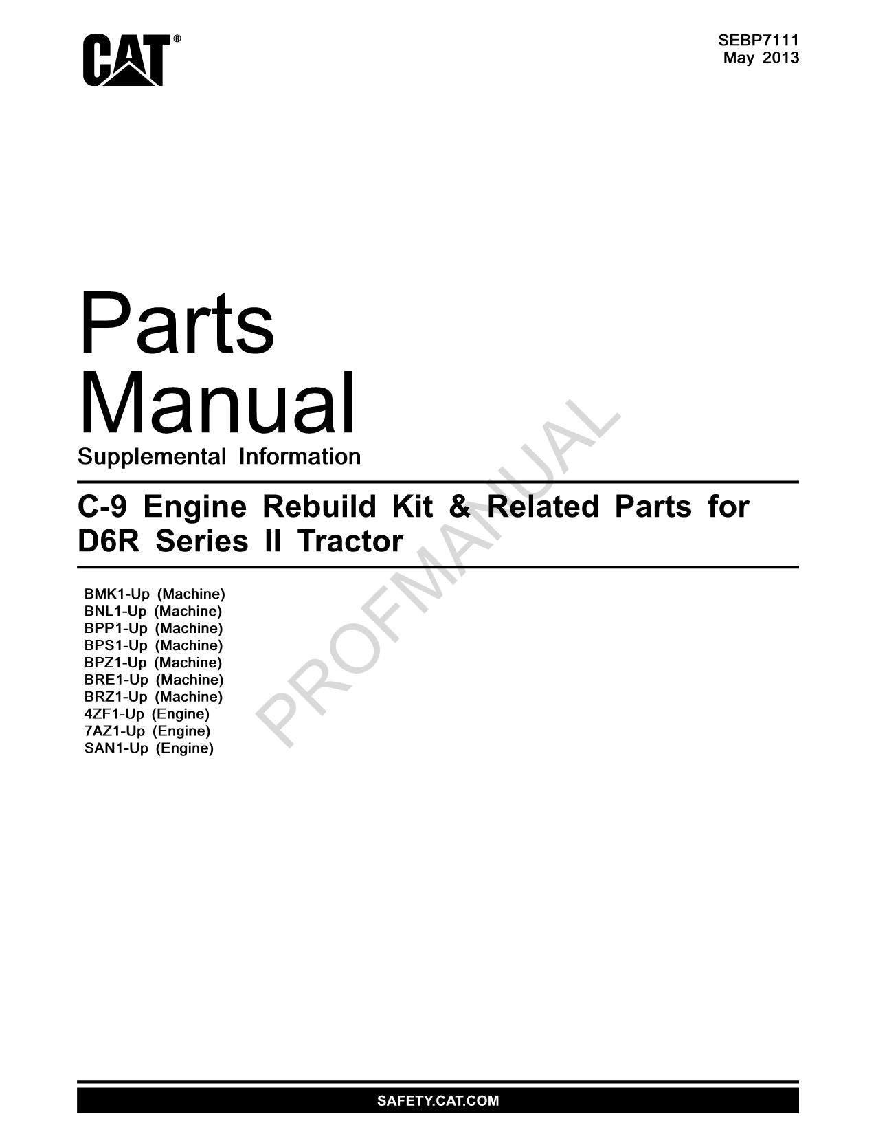 Caterpillar Cat C9 Motor D6R Serie II Traktor OEM Teilekatalog Handbuch