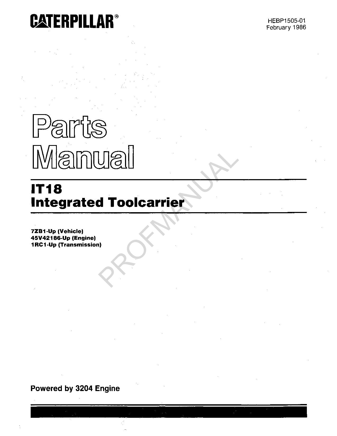 Caterpillar Cat IT18 Integrated Toolcarrier Parts Catalog Manual HEBP1505