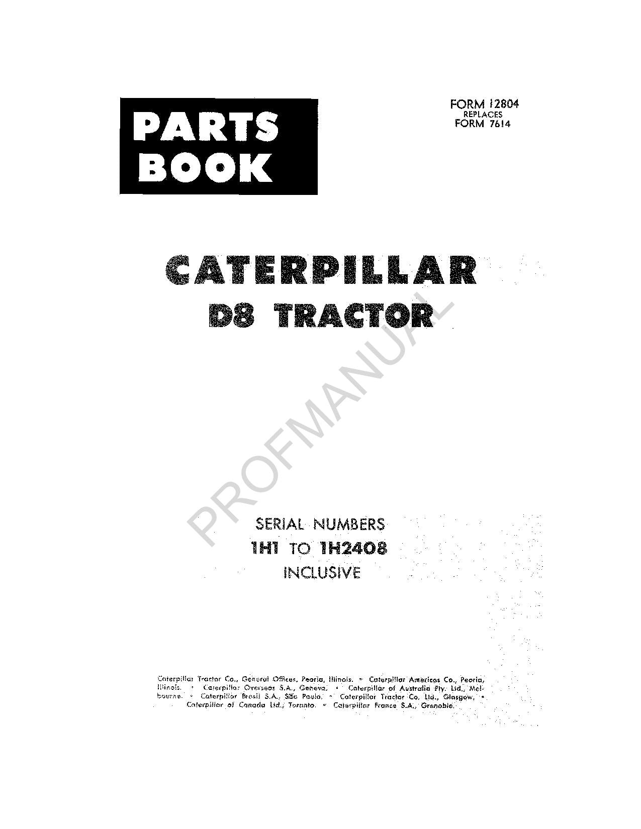 Caterpillar Cat D8 Tractor Parts Catalog Manual ser 1H1-2408