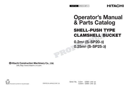 HITACHI SHELL-PUSH CLAMSHELL BUCKET 0.2 0.25 m3 Excavator Parts Catalog Manual