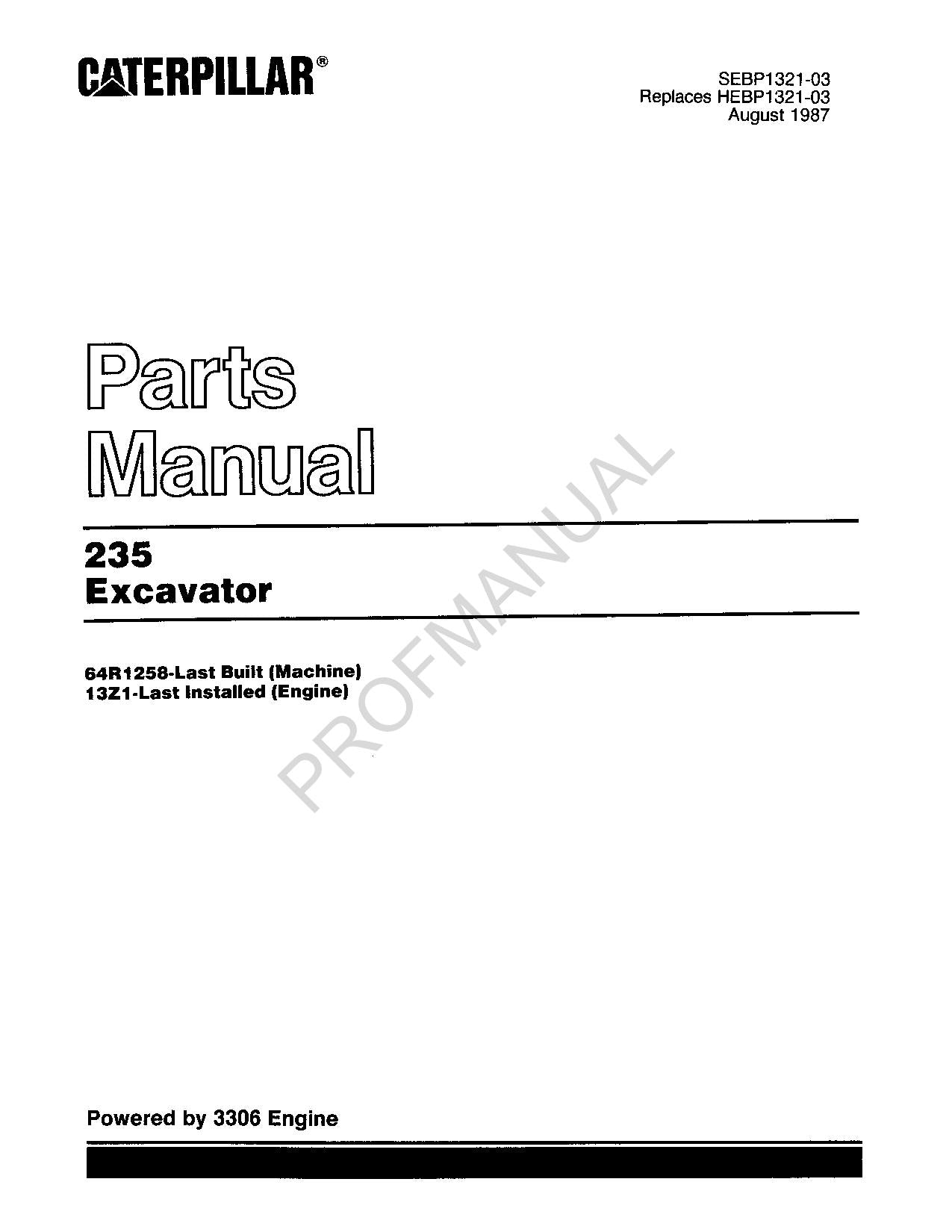 Caterpillar Cat 235 Excavator Parts Catalog Manual ser 64R1258-Up 13Z1-Up