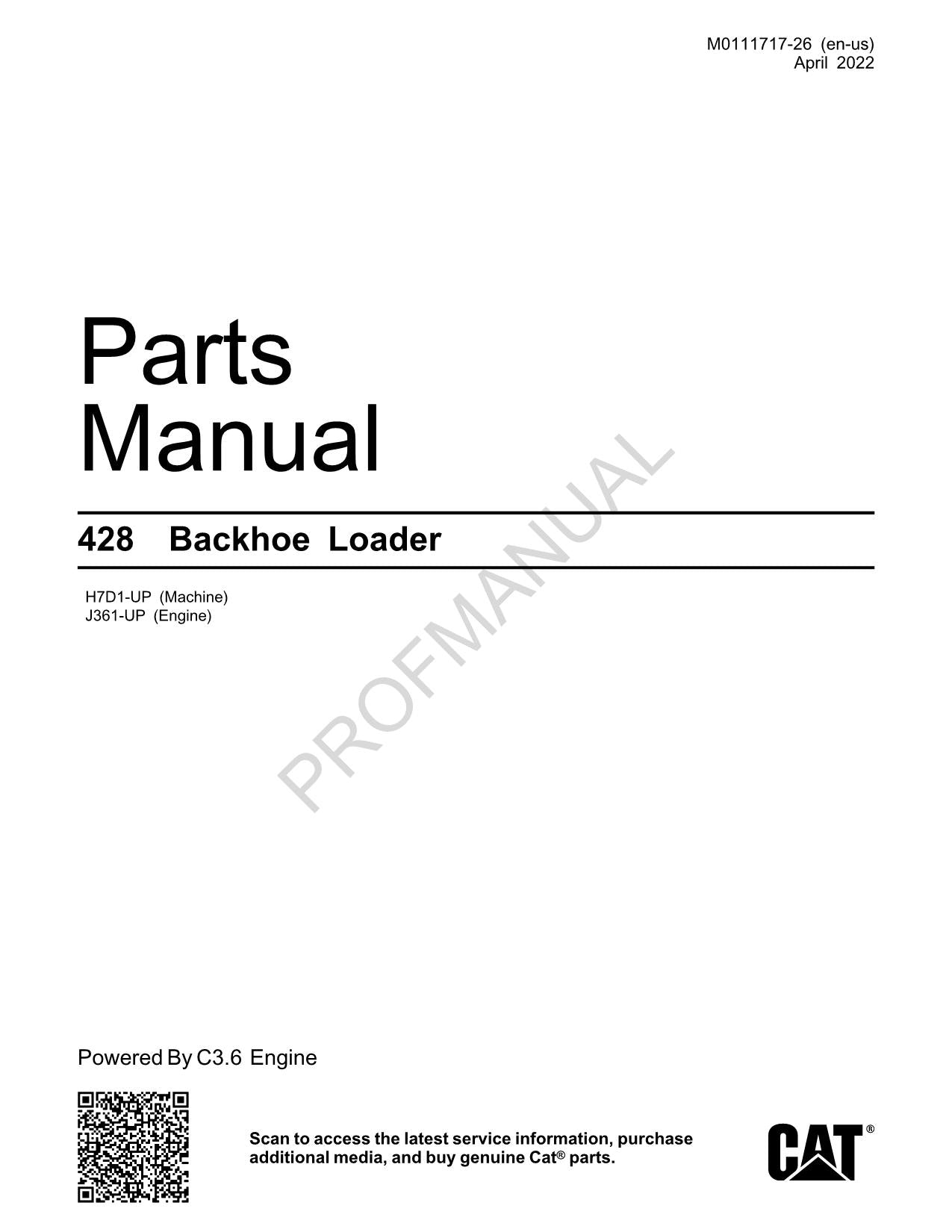 Caterpillar Cat 428 Backhoe Loader Parts Catalog Manual M0111717