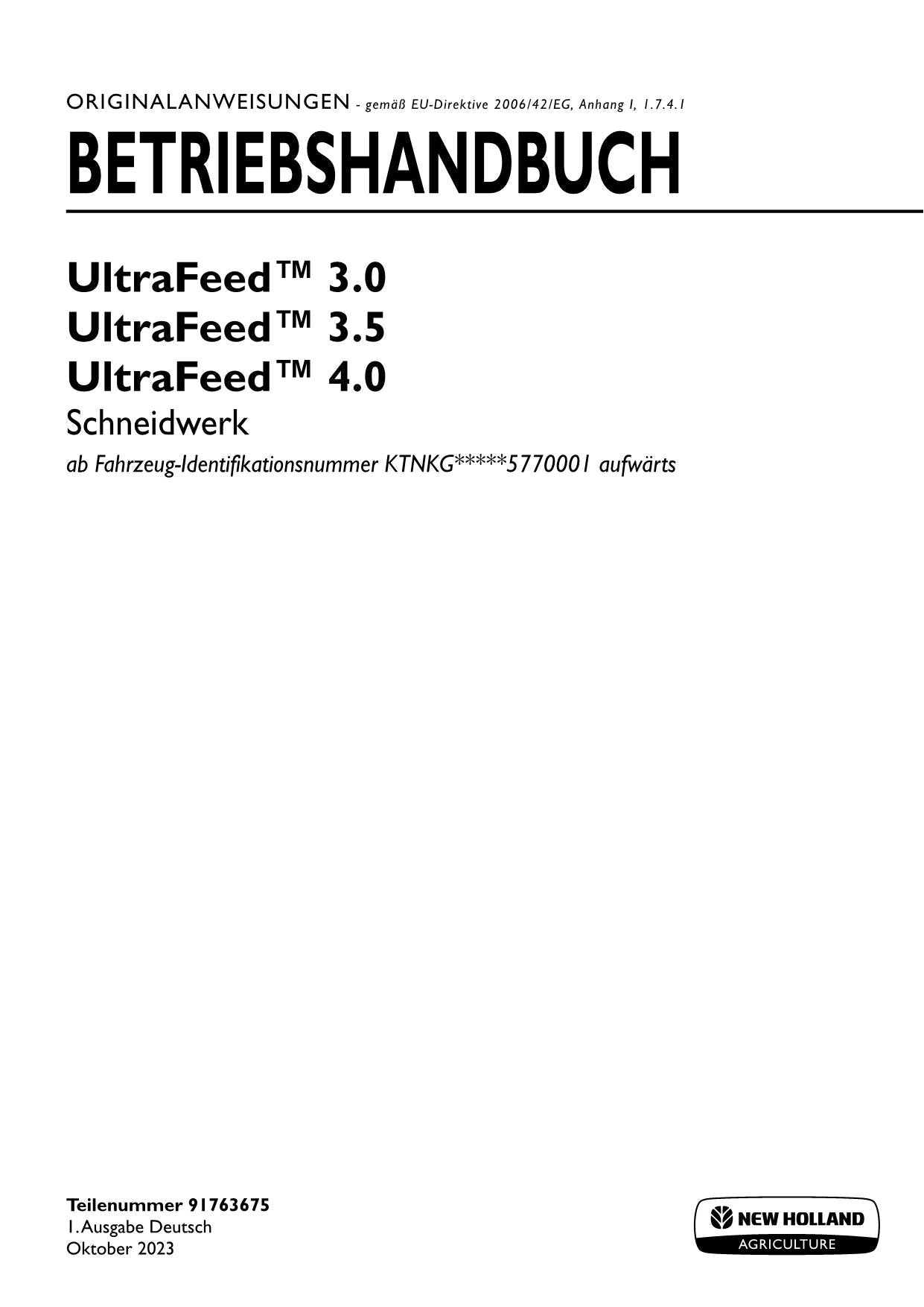 New Holland UltraFeed 3.0 3.5 4.0 Schneidwerk Betriebsanleitung