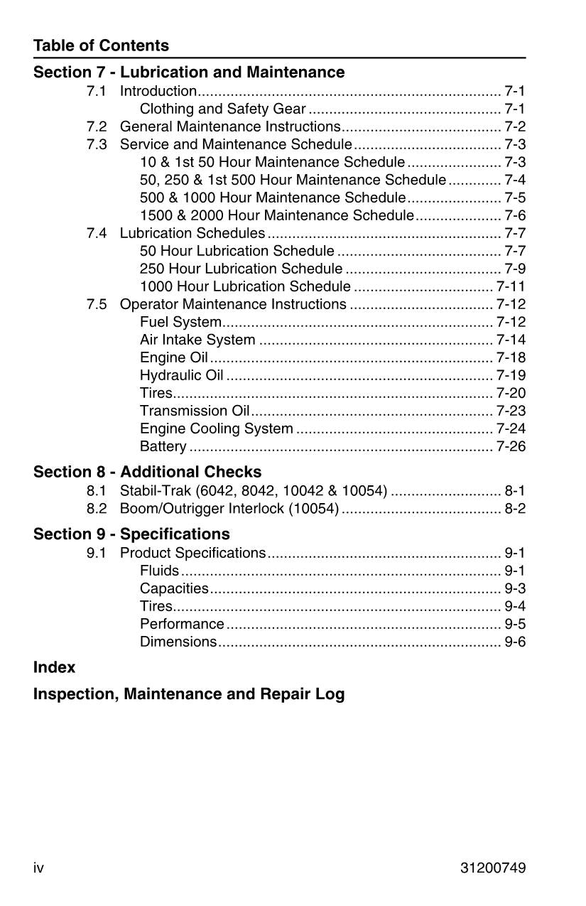 SKYTRAK 10042 10054 6036 6042 8042 Telehandler Operators Manual 31200749