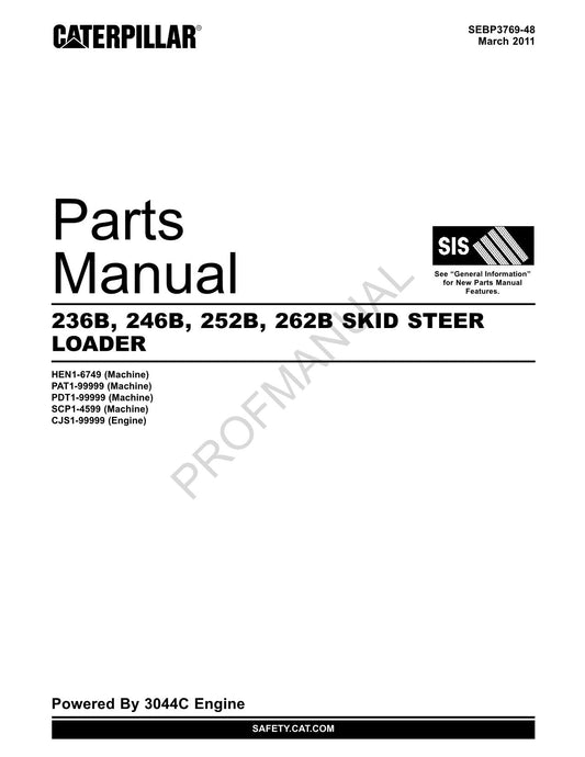 Caterpillar Cat 236B 246B 252B 262B Skid Steer Loader Parts Catalog Manual