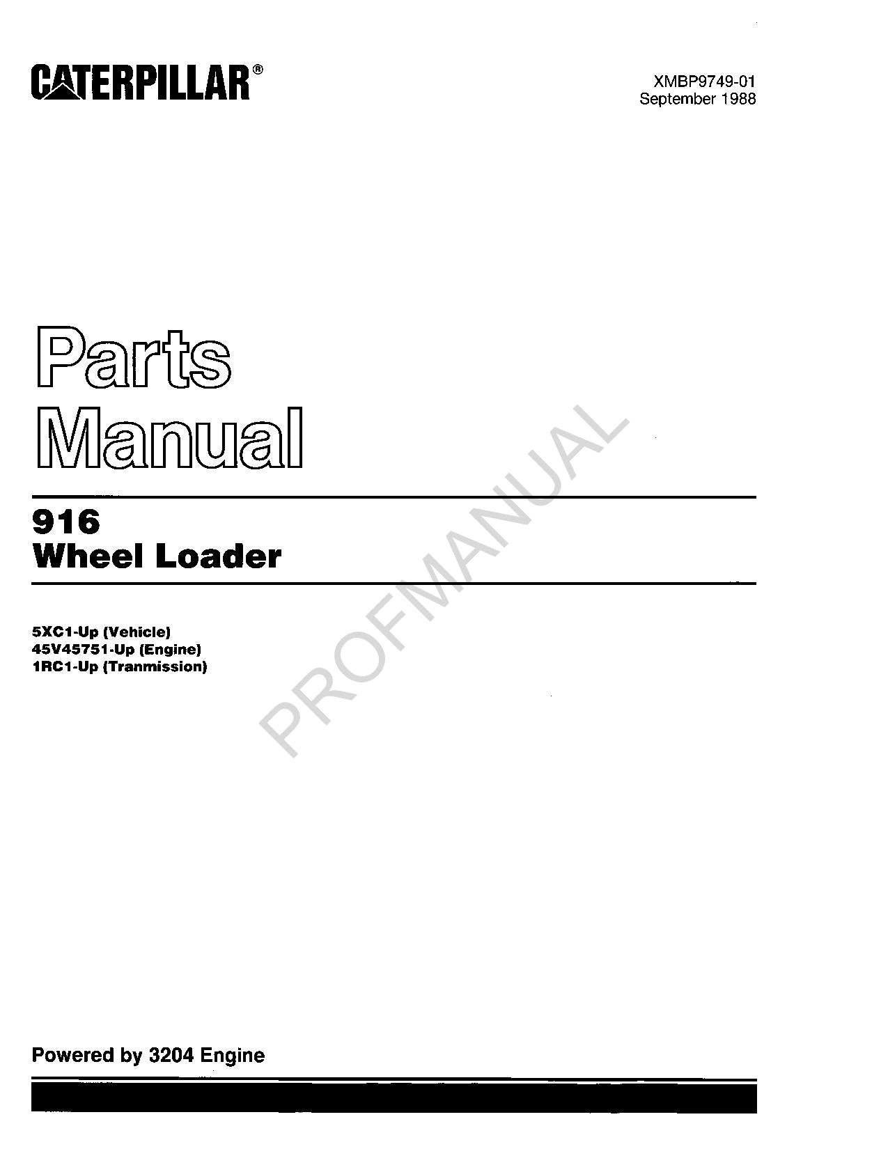 Caterpillar Cat 916 Wheel Loader Parts Catalog Manual XMBP9749