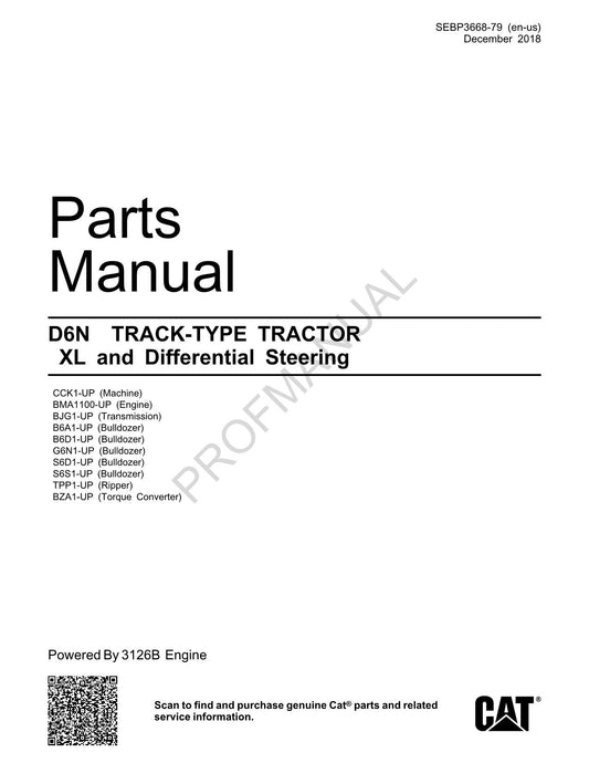 Catalogue de pièces détachées pour TRACTEUR À CHENILLES Caterpillar Cat D6N XL SEBP3668