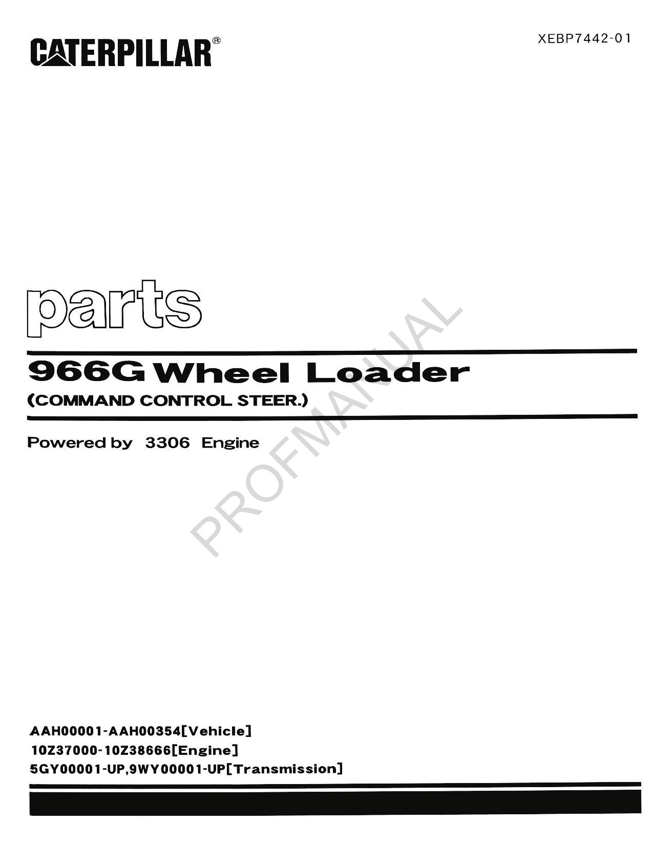 Caterpillar Cat 966G Wheel Loader command Control Parts Catalog Manual XEBP7442