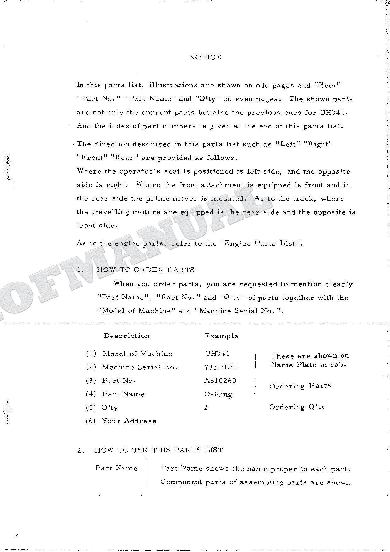 HITACHI UH041 Excavator Parts Catalog Manual