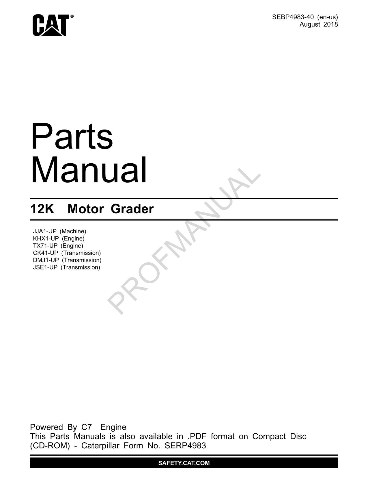 Caterpillar Cat 12K Motor Grader Parts Catalog Manual SEBP4983