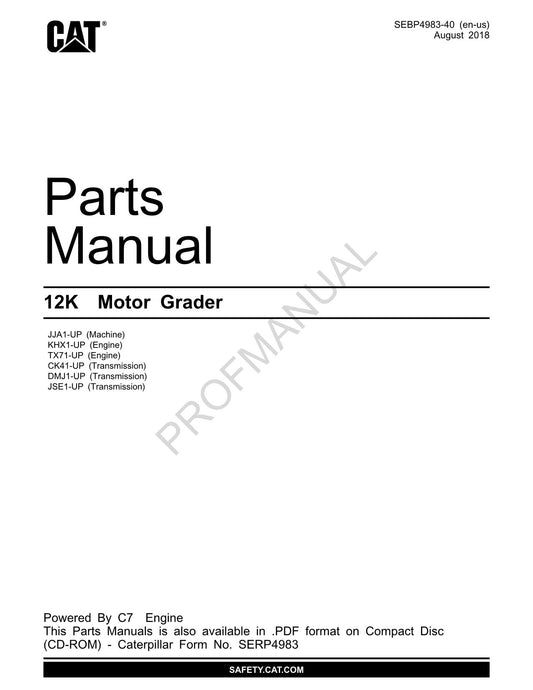 Caterpillar Cat 12K Motor Grader Parts Catalog Manual SEBP4983