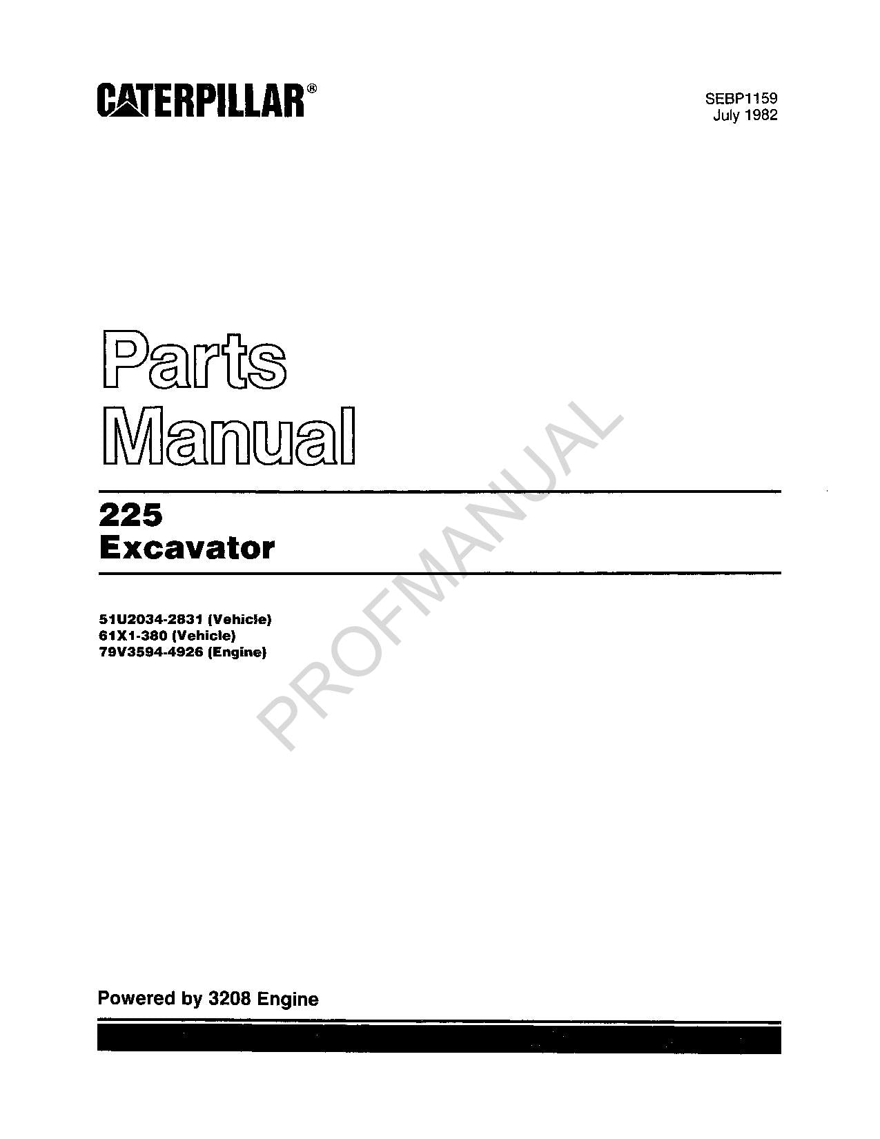 Caterpillar Cat 225 Excavator Parts Catalog Manual SEBP1159